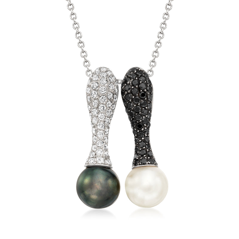 Two-pearl pendant necklace with diamond-studded black and white settings on white chain