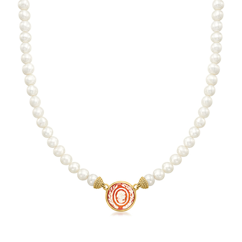 Cultured pearl choker with orange shell cameo pendant and gold-tone bead accents