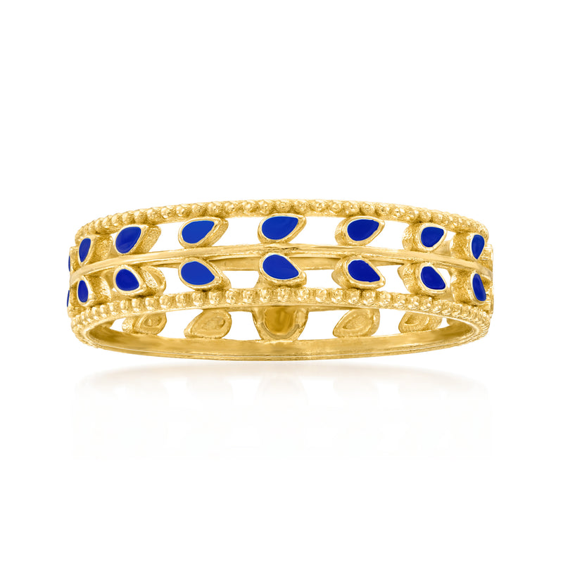 14kt yellow gold leaf enamel ring with blue enamel accents, openwork band