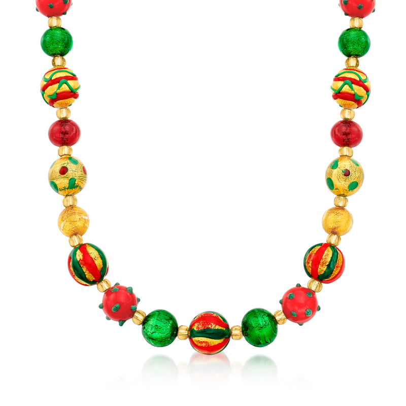 Multicolored Murano glass bead necklace with gold-tone spacers and round holiday beads
