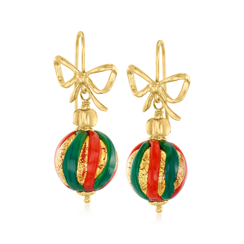 Italian Multicolored Murano Glass Christmas Ornament Bead Drop Earrings in 18kt Gold Over Sterling