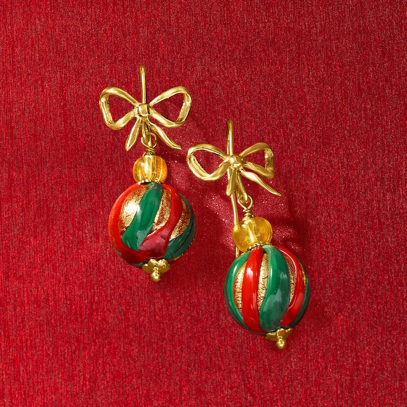 Italian Multicolored Murano Glass Christmas Ornament Bead Drop Earrings in 18kt Gold Over Sterling