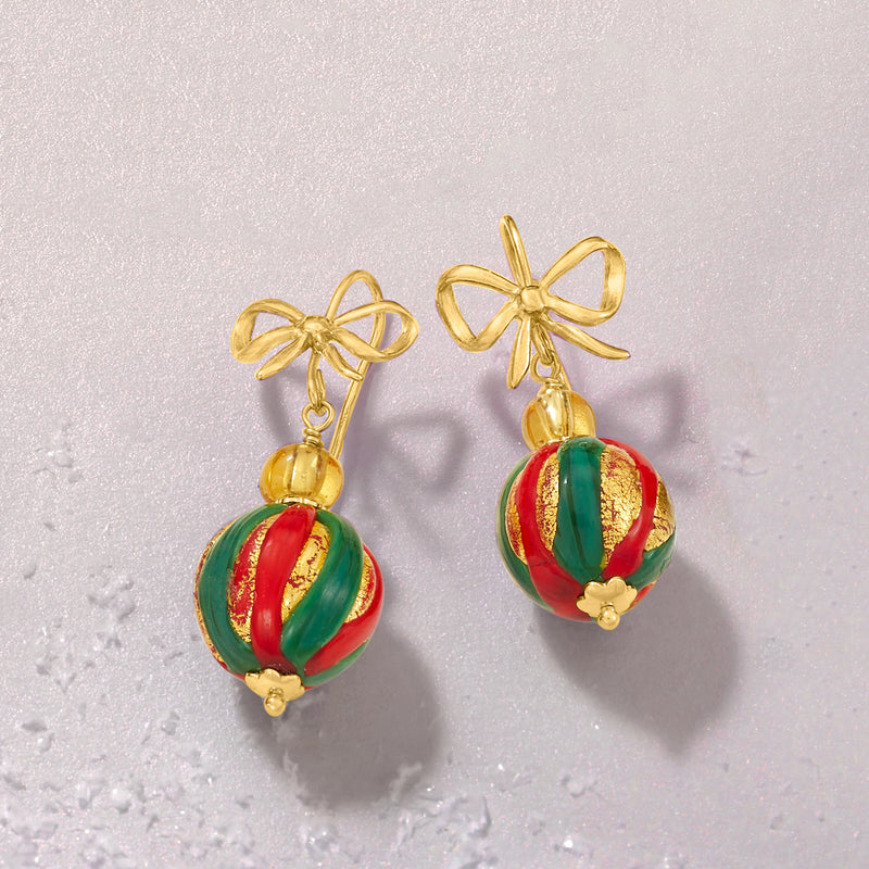 Italian Multicolored Murano Glass Christmas Ornament Bead Drop Earrings in 18kt Gold Over Sterling