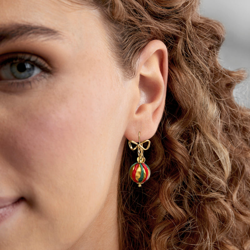 Italian Multicolored Murano Glass Christmas Ornament Bead Drop Earrings in 18kt Gold Over Sterling
