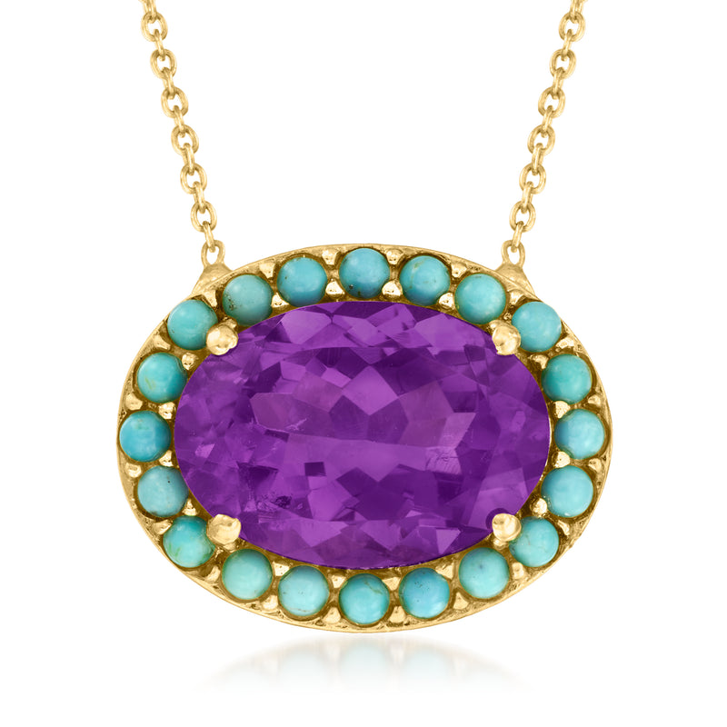 Amethyst and turquoise oval pendant necklace with gold-tone chain and halo bezel