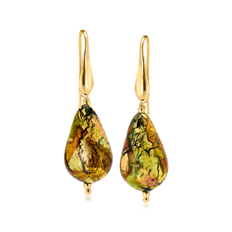 Gold over sterling teardrop Murano glass drop earrings with green and yellow tones