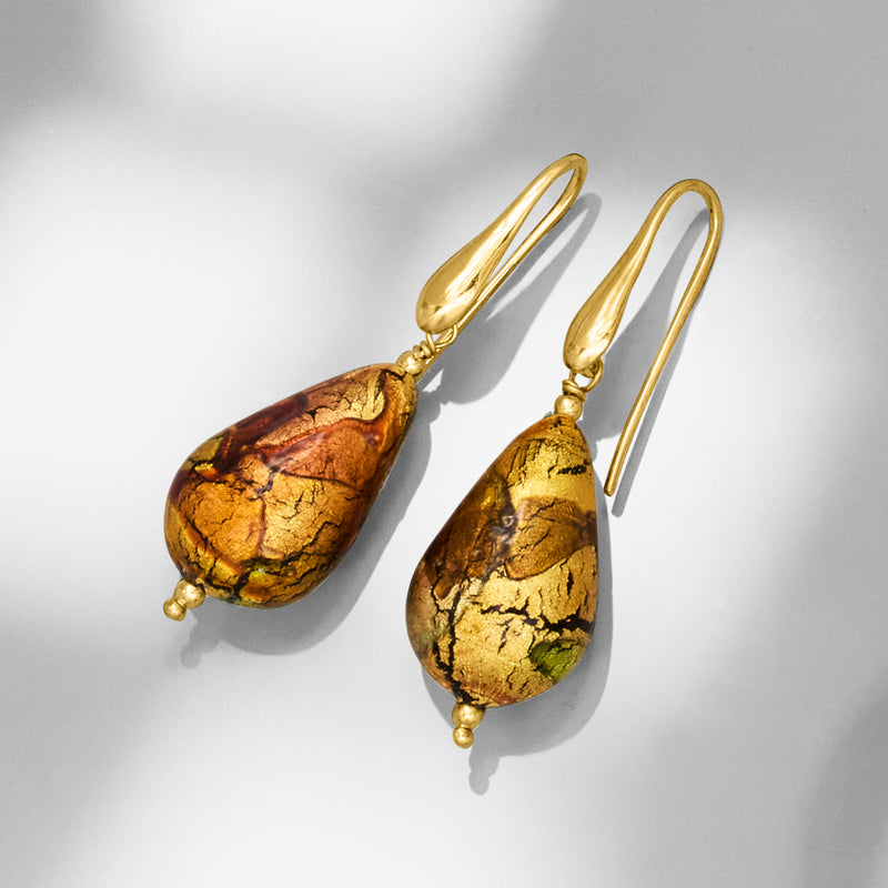 Gold over sterling teardrop Murano glass drop earrings with amber and gold speckling