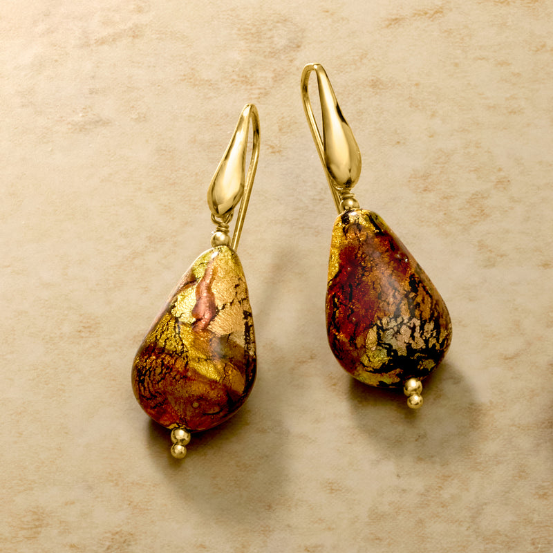Gold over sterling teardrop Murano glass drop earrings with red-brown and gold tones