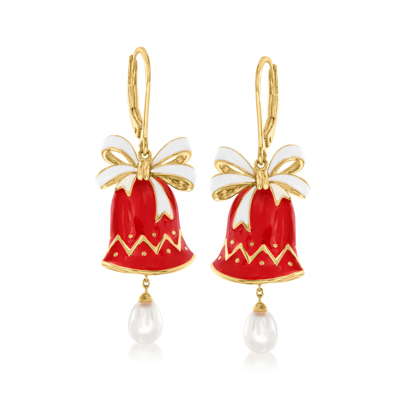 Gold drop earrings with red enamel bell charms and white cultured pearl drops