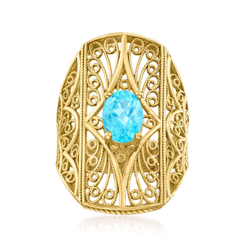 18kt gold over sterling filigree ring with oval Swiss blue topaz centerpiece