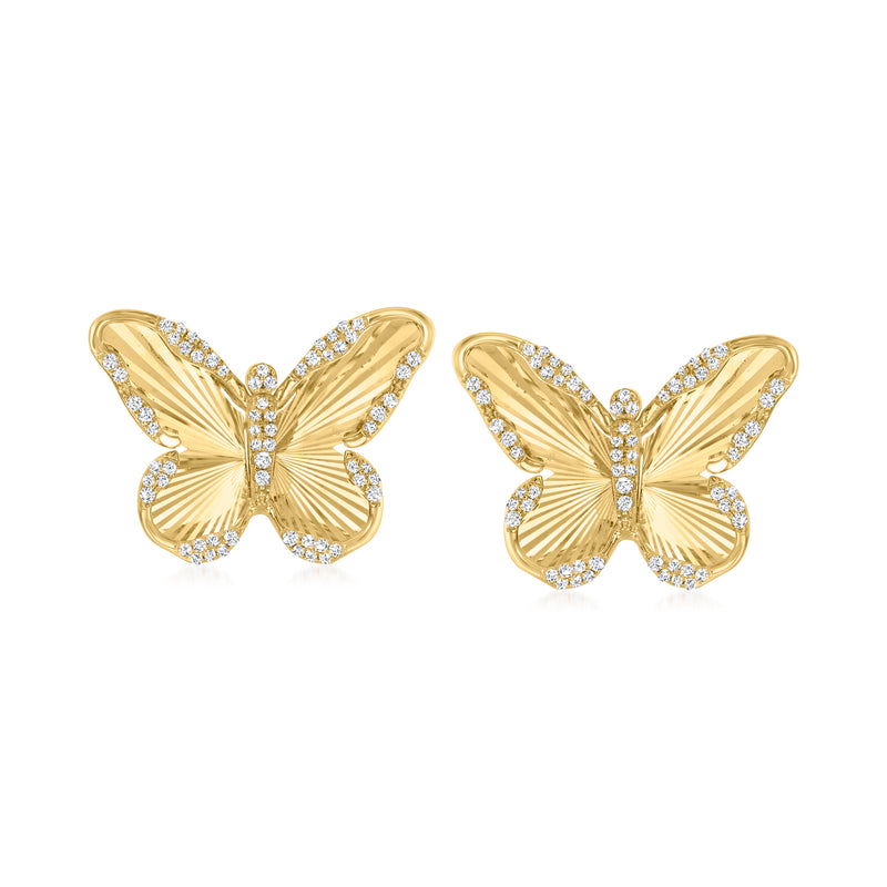 Diamond butterfly earrings in 14kt yellow gold, pair front view