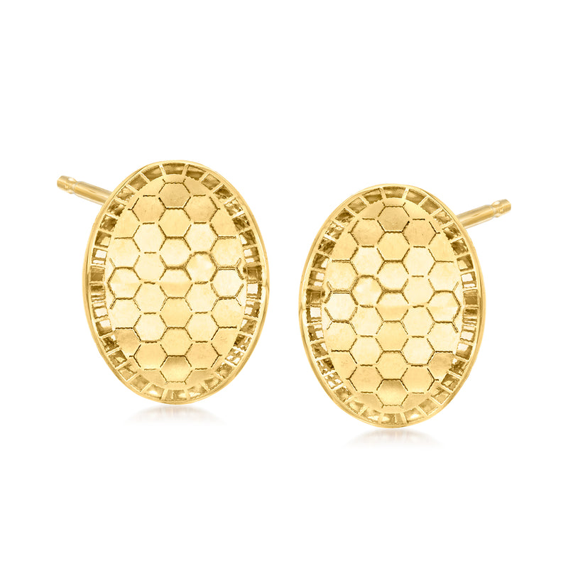 Yellow gold oval stud earrings with honeycomb patterned surface