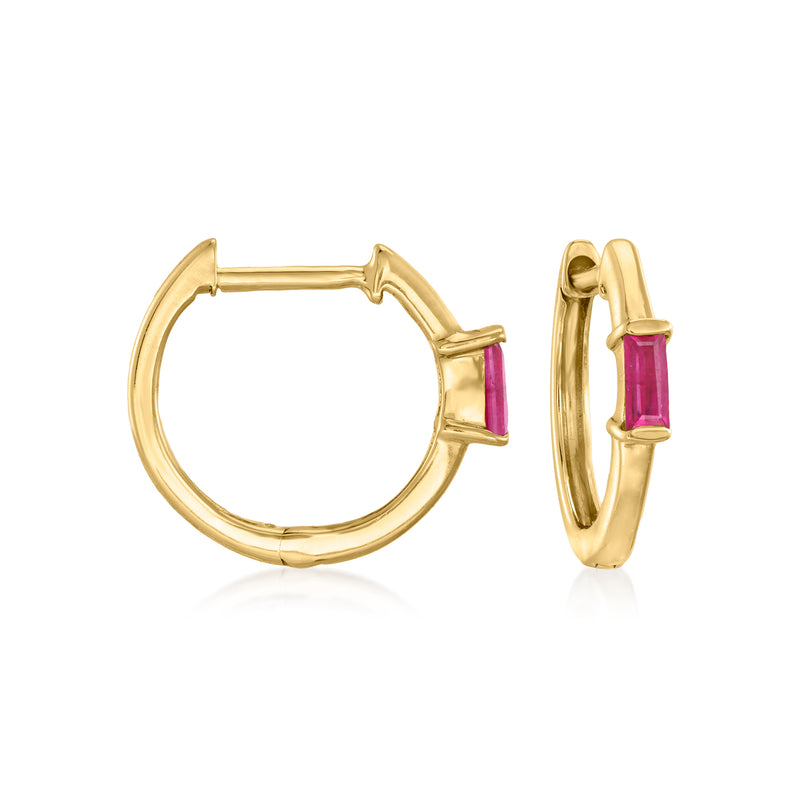 14kt yellow gold ruby huggie hoop earrings, oval hoops with pink ruby accents