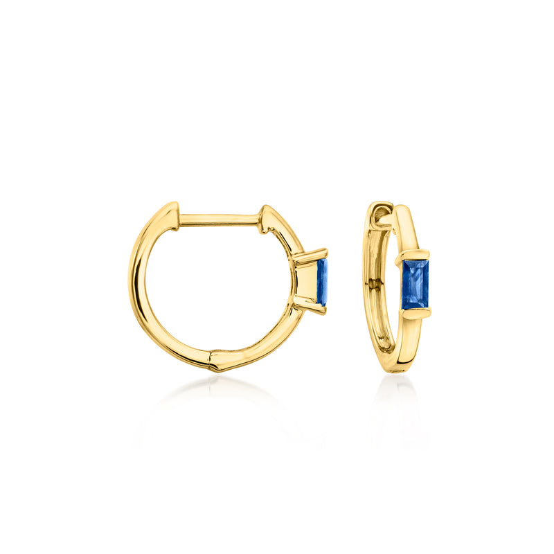14kt yellow gold huggie hoops with blue sapphire stones
