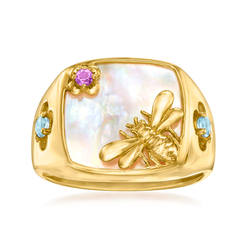 Gold bumblebee ring with mother-of-pearl, amethyst top stone, and blue side stones