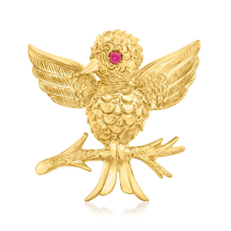 18kt yellow gold bird on branch pin with red ruby accent