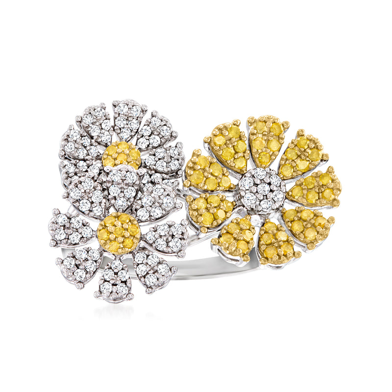 14kt white gold diamond flower ring with yellow and white stones, two layered petals