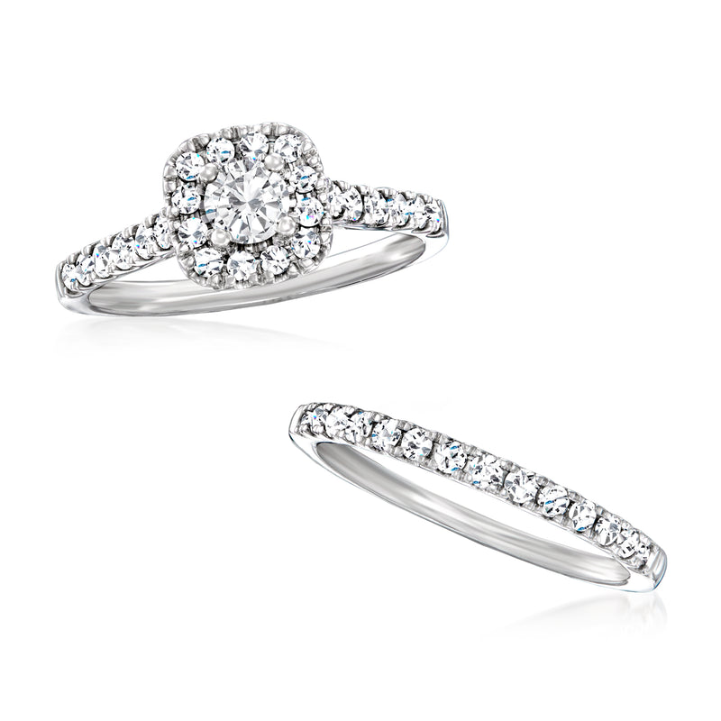 Diamond bridal set with halo engagement ring and diamond wedding band in white gold