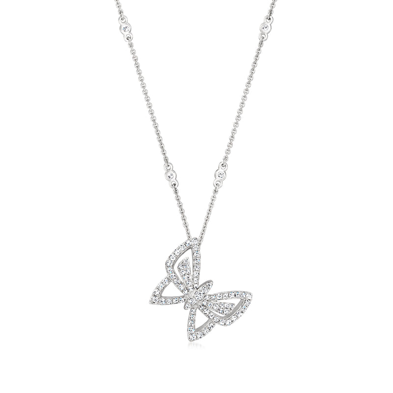 14kt white gold diamond butterfly pendant necklace with thin chain and prong-set stones