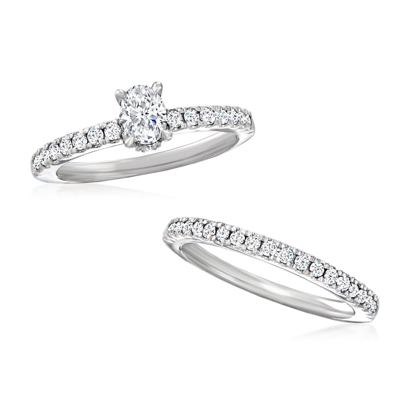 14k white gold diamond bridal set: round center stone, pave wedding band
