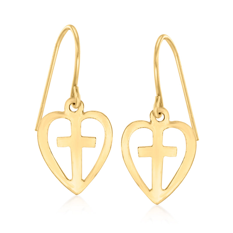 10kt yellow gold cross heart drop earrings with hoop-style earwires