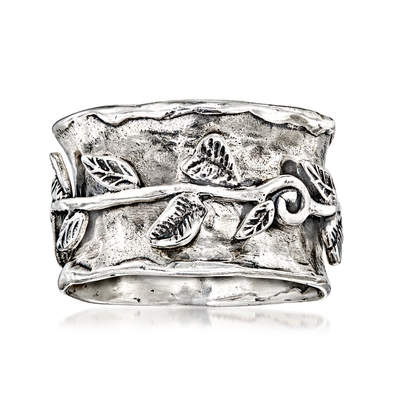 Sterling silver leaf spinner ring, wide textured band with engraved leaves and spinner detail