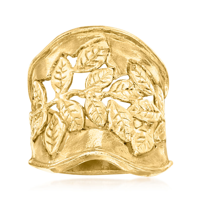 Gold leaf openwork wavy ring with clustered leafy cutout pattern