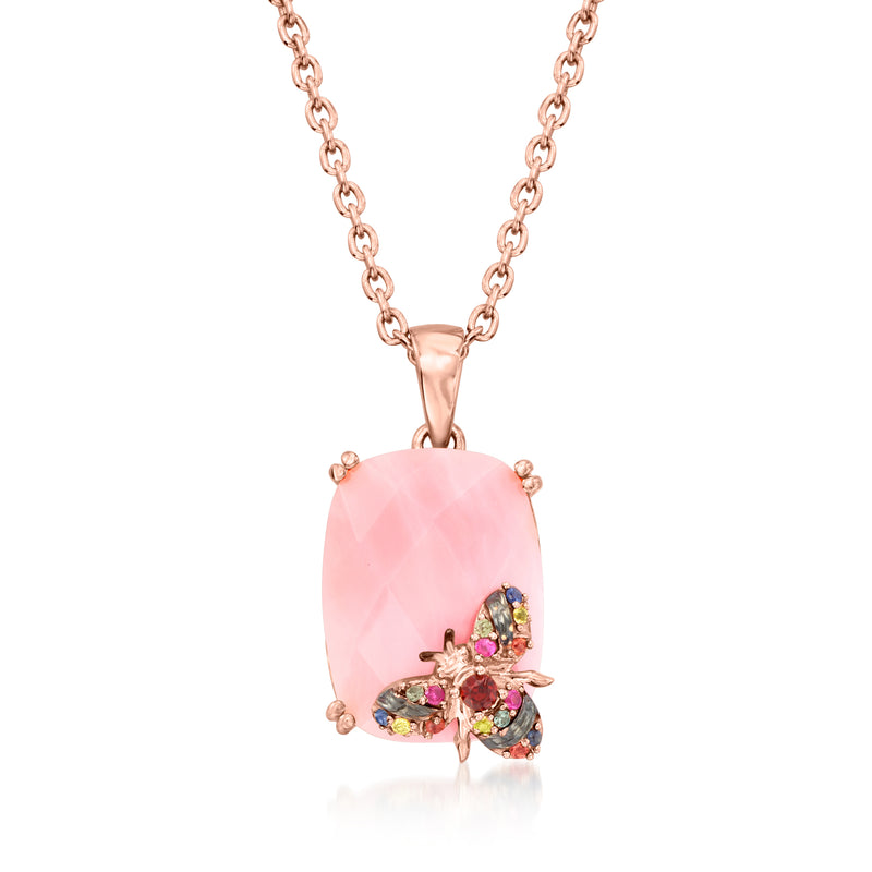 Rose gold pendant necklace with pink opal-like cabochon and jeweled bumblebee