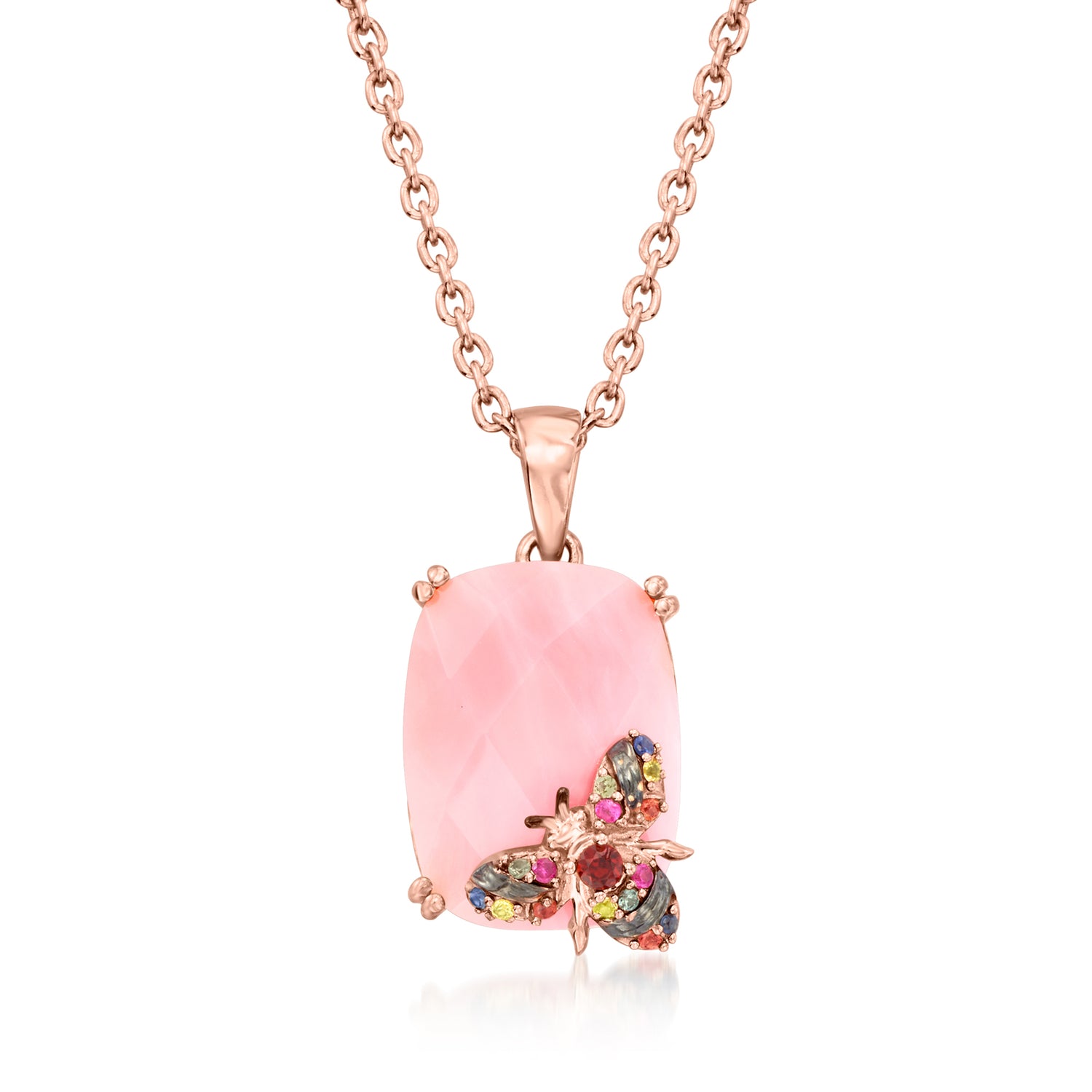 Pink Opal Bumblebee Pendant Necklace with .10 ct. t.w. Multicolored Sapphires and Single Garnet in 18kt Rose Gold Over Sterling