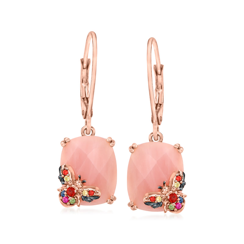 Rose gold tone drop earrings with pink oval gemstone and multicolor jewel bee cluster