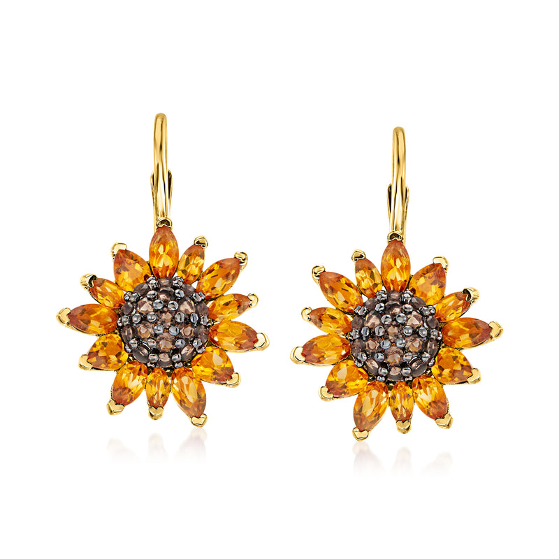 Gold sunflower drop earrings with orange gemstone petals and dark jeweled center, leverback
