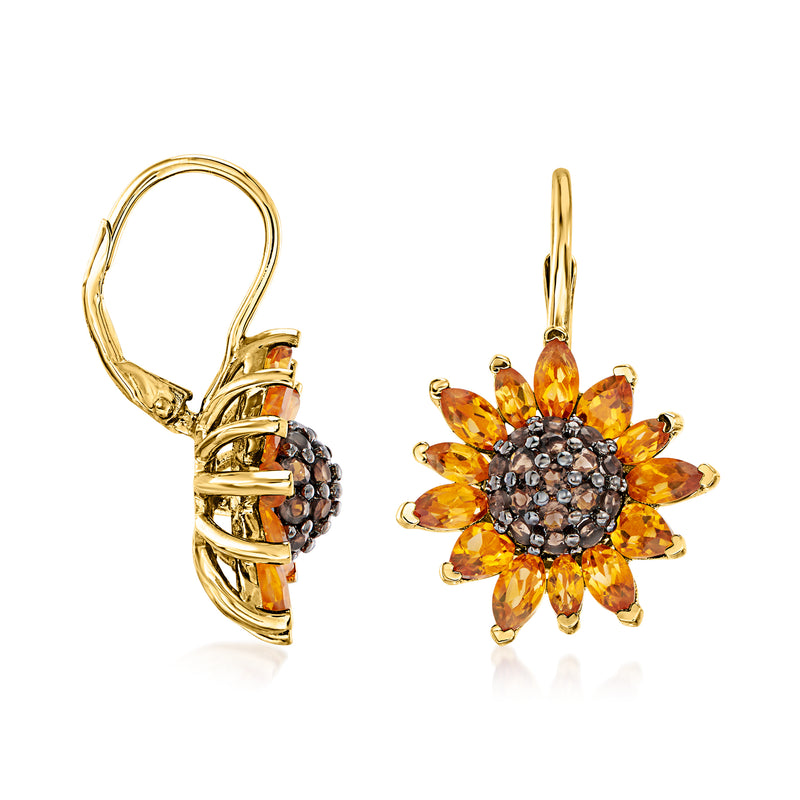 Gold sunflower drop leverback earrings, orange faceted petals over dark pave center
