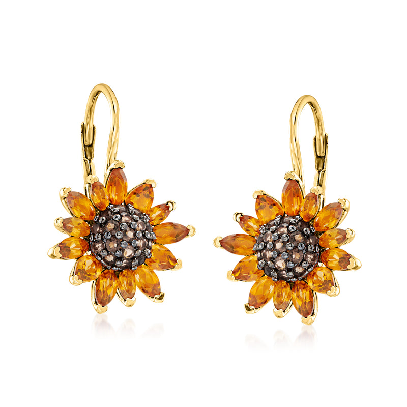Gold sunflower drop earrings with leverback hooks, orange petals and dark circular center