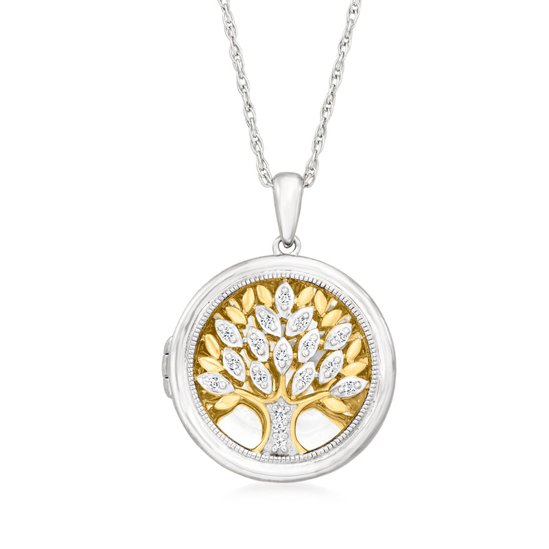 Two-tone sterling silver diamond Tree of Life locket necklace with round pendant