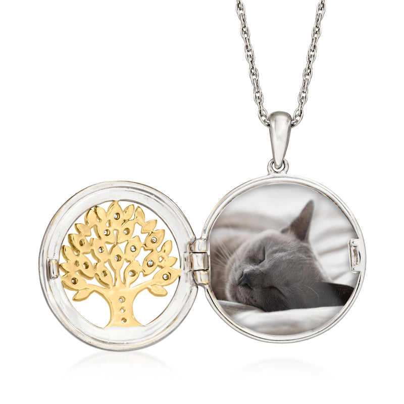 Round two-tone locket necklace open: gold Tree of Life left, gray cat photo right
