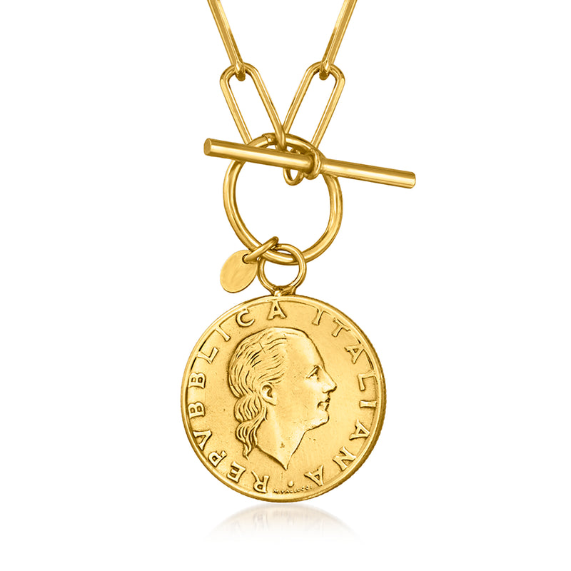 Gold-tone coin pendant necklace with paper-clip links and round lira-style medallion