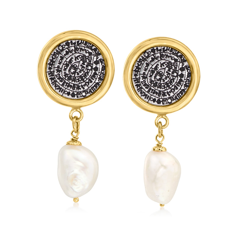 Two-tone sterling silver drop earrings with engraved round disc and white pearl dangles