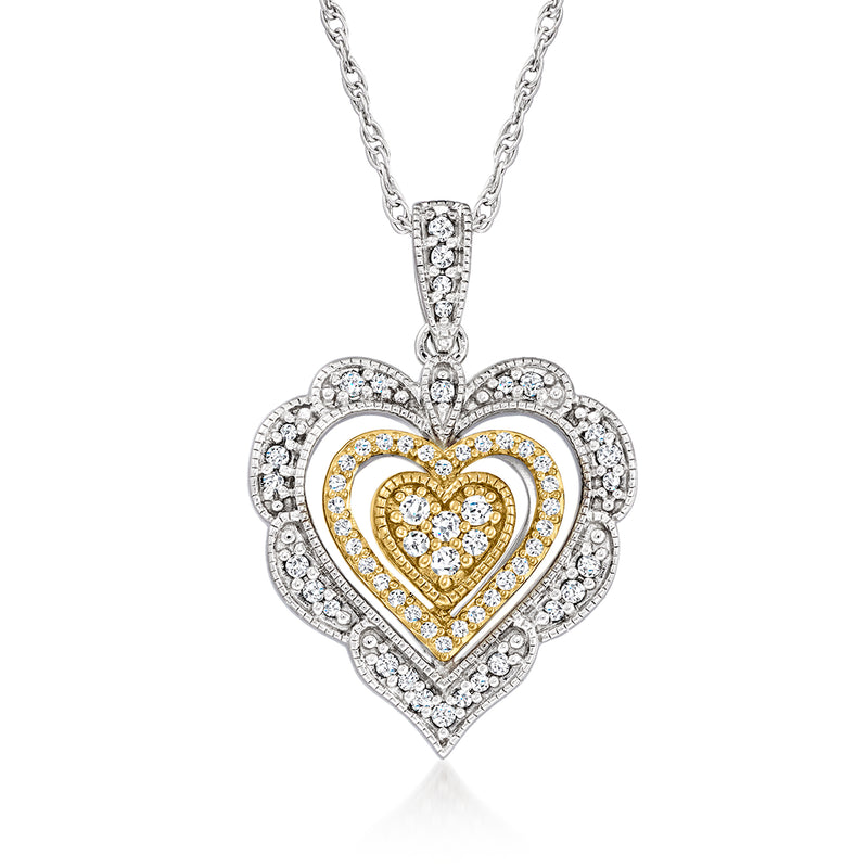 Two-tone sterling silver diamond multi-heart pendant necklace with linked heart design