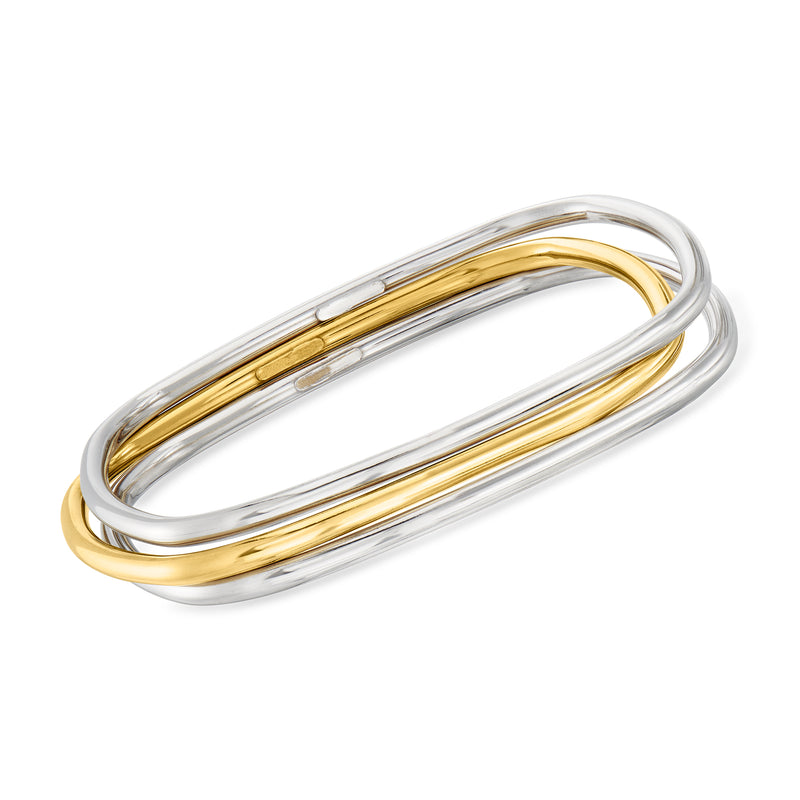 Two-tone sterling silver square bangle bracelets, three stacked gold and silver bands