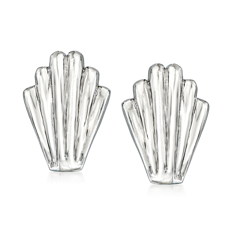 Sterling silver seashell stud earrings with ridged shell design, post backs, shiny finish