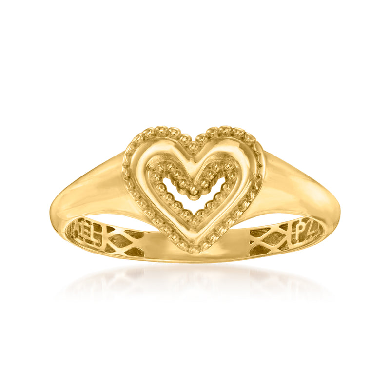 14kt yellow gold heart ring with beaded heart detail and openwork band