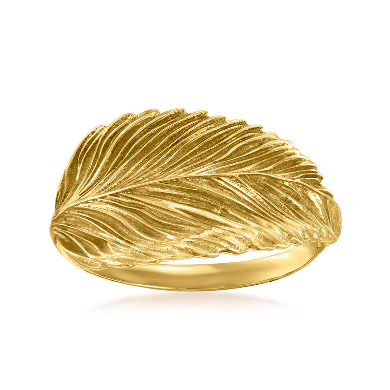 14kt yellow gold leaf ring with textured ribbed and polished surfaces, leaf-shaped band