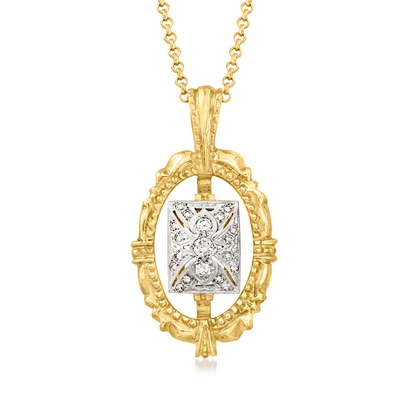 Vintage two-tone gold diamond pendant necklace with oval frame and rectangular diamond center