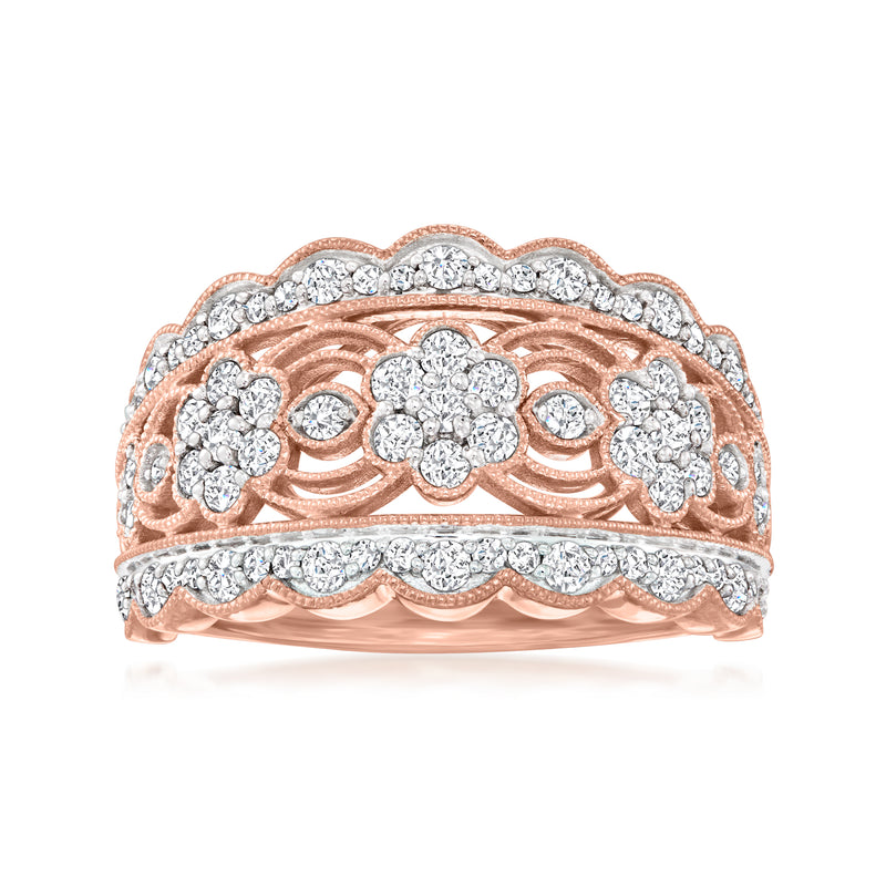 Diamond cluster flower ring in 14kt rose gold with scalloped pavé band