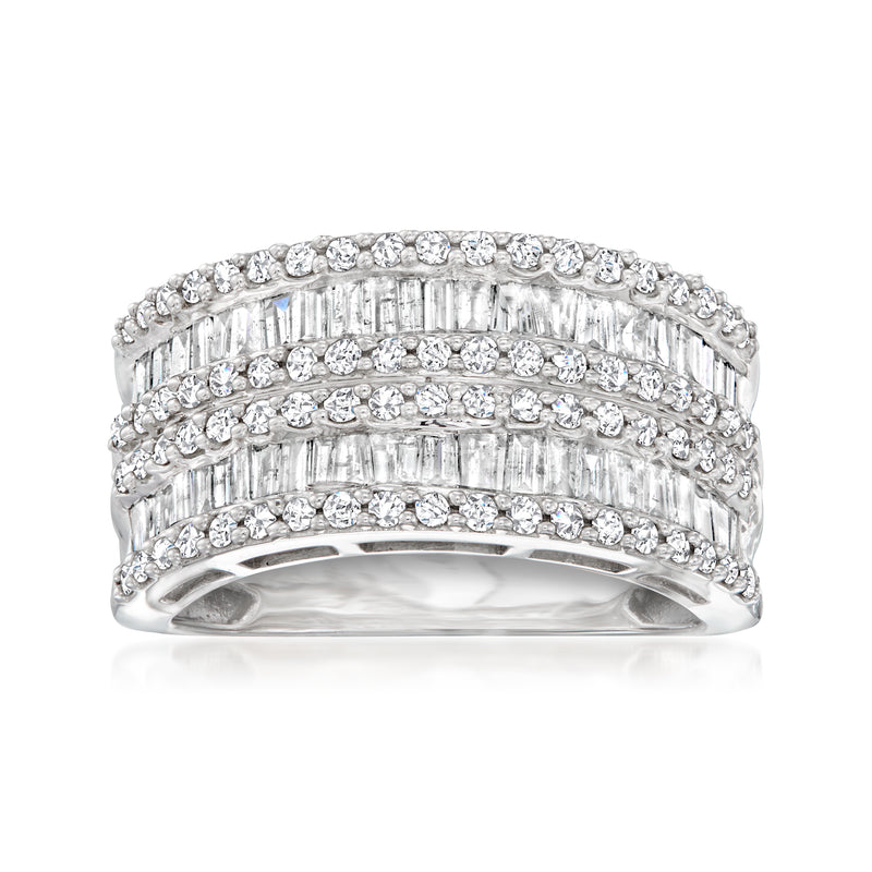 14kt white gold diamond multi-row ring with baguette and round stones