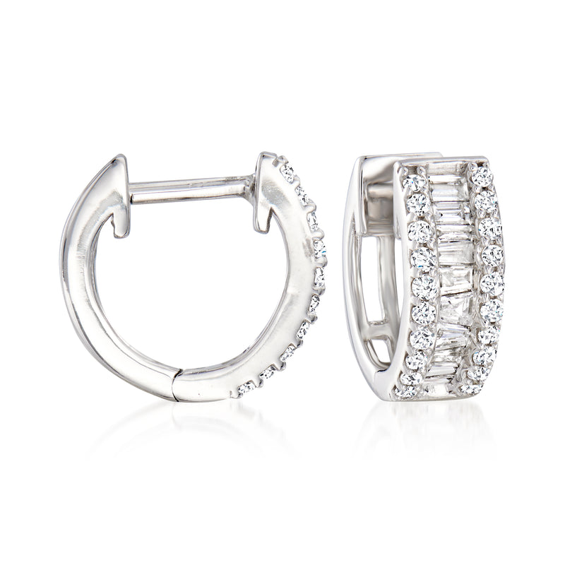Diamond huggie hoop earrings in 14kt white gold, front and side views