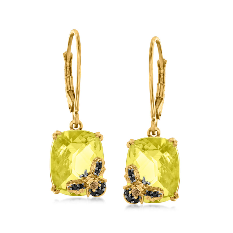 Gold leverback drop earrings with lemon-yellow quartz and black spinel-like accents