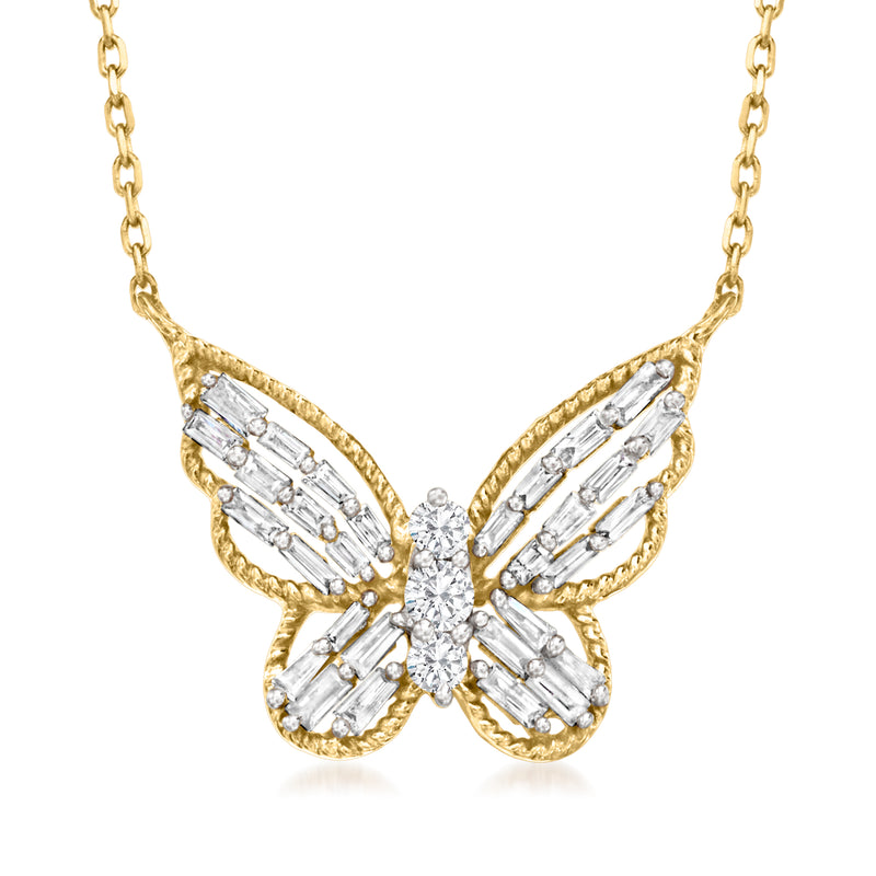 14kt yellow gold diamond butterfly necklace with baguette-cut stone wings