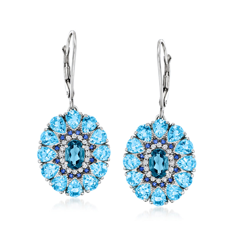 Sterling silver leverback drop earrings with blue multi-gem oval center