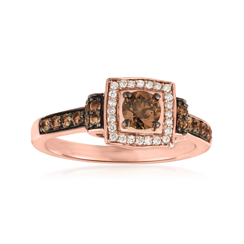 Rose gold square halo diamond ring with chocolate-brown center stone and clear side stones